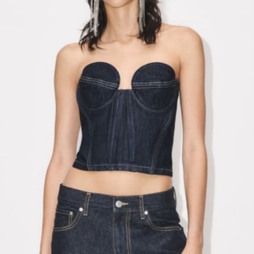 ZARA Denim Topstitching Bustier Corset Top Dark Rinse Blue Small